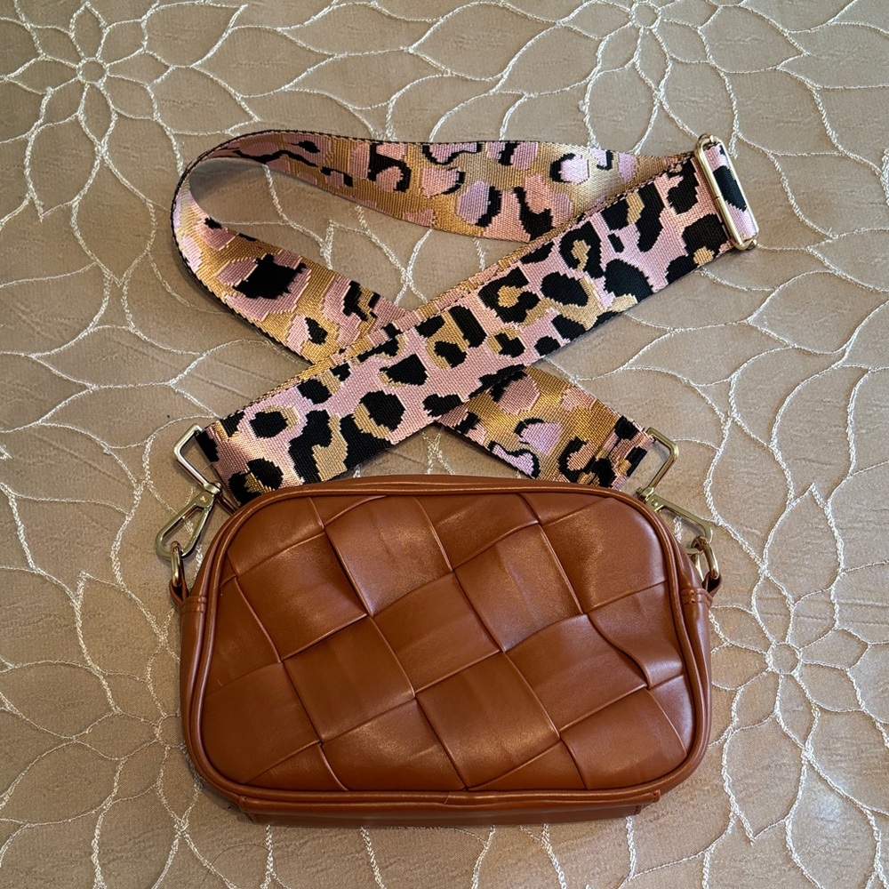 Brown Woven Vegan Leather Crossbody Bag with Leopard Strap